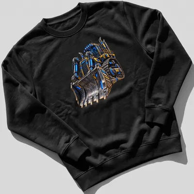 Futuristic bulldozer illustration in yellow, blue, black, and gray on a — printed on a unisex sweatshirt