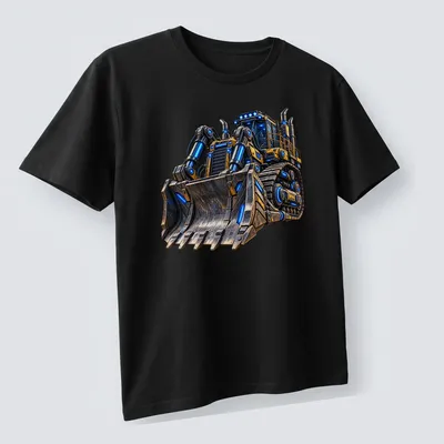 Futuristic bulldozer illustration in yellow, blue, black, and gray on a — printed on a unisex t-shirt (angled view)