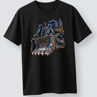 Futuristic bulldozer illustration in yellow, blue, black, and gray on a T-shirt