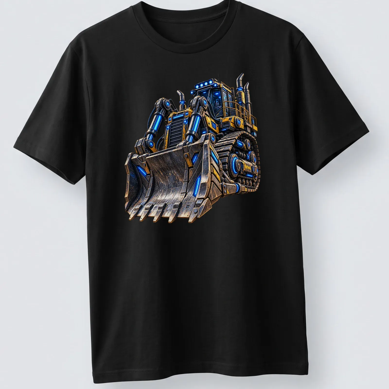 Futuristic bulldozer illustration in yellow, blue, black, and gray on a — printed on a unisex t-shirt