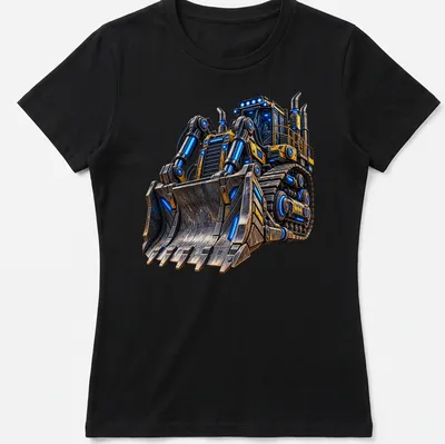 Futuristic bulldozer illustration in yellow, blue, black, and gray on a — printed on a women's shirt