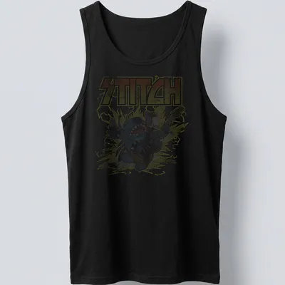 Stitch from Disney playing guitar in retro distressed colors of blue, yellow, gray, and black. — printed on a tank top
