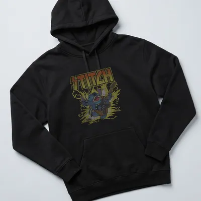 Stitch from Disney playing guitar in retro distressed colors of blue, yellow, gray, and black. — printed on a unisex hoodie