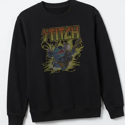 Stitch from Disney playing guitar in retro distressed colors of blue, yellow, gray, and black. — printed on a unisex sweatshirt