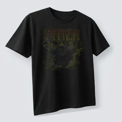 Stitch from Disney playing guitar in retro distressed colors of blue, yellow, gray, and black. — printed on a unisex t-shirt (angled view)