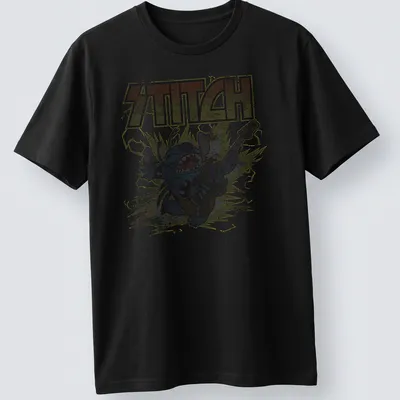 Stitch from Disney playing guitar in retro distressed colors of blue, yellow, gray, and black. — printed on a unisex t-shirt