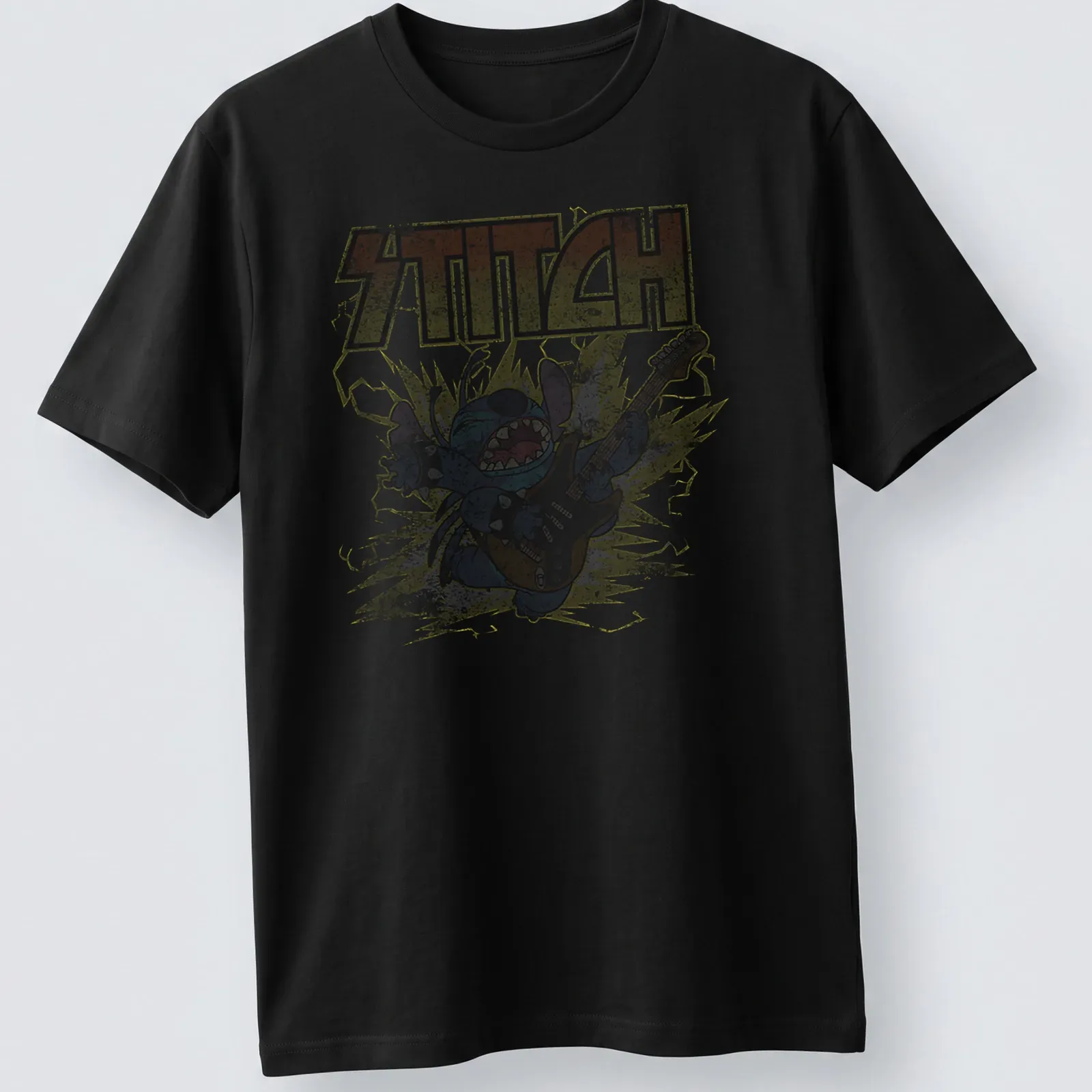 Stitch from Disney playing guitar in retro distressed colors of blue, yellow, gray, and black. — printed on a unisex t-shirt