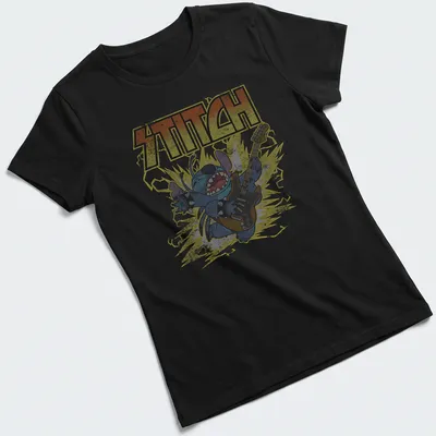 Stitch from Disney playing guitar in retro distressed colors of blue, yellow, gray, and black. — printed on a women's shirt
