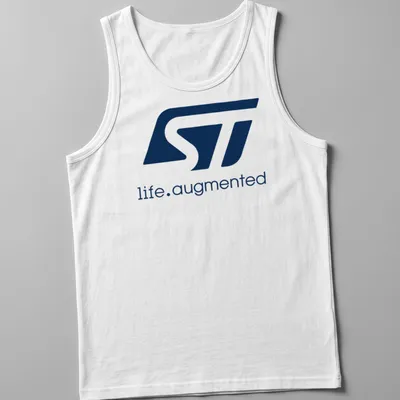 Modern STMicroelectronics logo t-shirt in navy blue and white typography — printed on a tank top