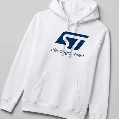 Modern STMicroelectronics logo t-shirt in navy blue and white typography — printed on a unisex hoodie