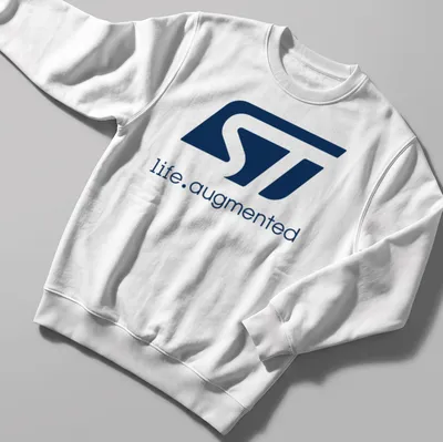 Modern STMicroelectronics logo t-shirt in navy blue and white typography — printed on a unisex sweatshirt