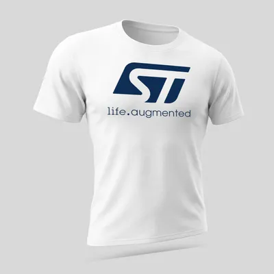 Modern STMicroelectronics logo t-shirt in navy blue and white typography — printed on a unisex t-shirt (angled view)