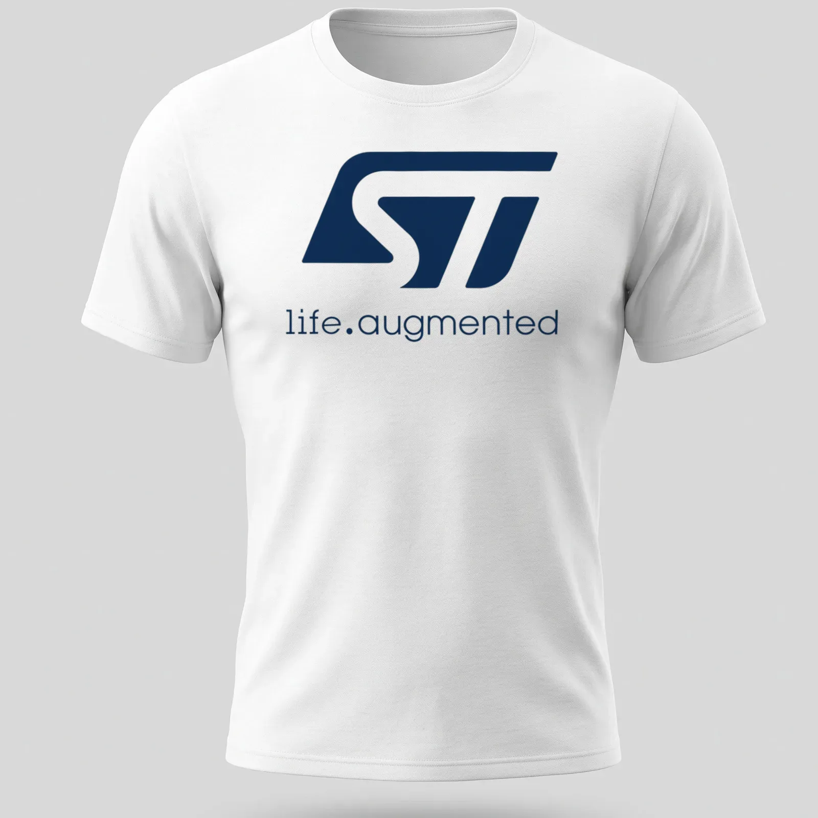 Modern STMicroelectronics logo t-shirt in navy blue and white typography — printed on a unisex t-shirt