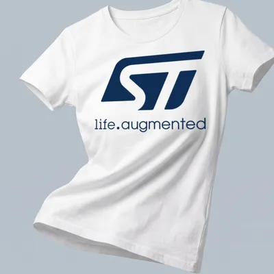 Modern STMicroelectronics logo t-shirt in navy blue and white typography — printed on a women's shirt