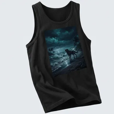 Realistic print of a howling wolf on a stormy beach with dramatic colors — printed on a tank top