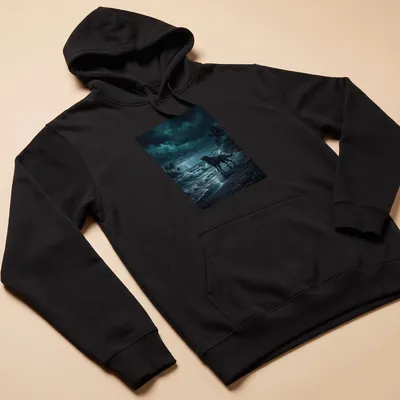 Realistic print of a howling wolf on a stormy beach with dramatic colors — printed on a unisex hoodie