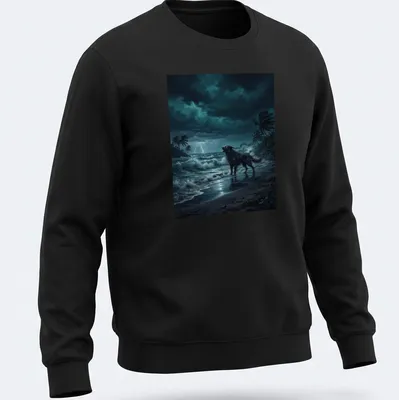 Realistic print of a howling wolf on a stormy beach with dramatic colors — printed on a unisex sweatshirt