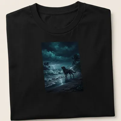 Realistic print of a howling wolf on a stormy beach with dramatic colors