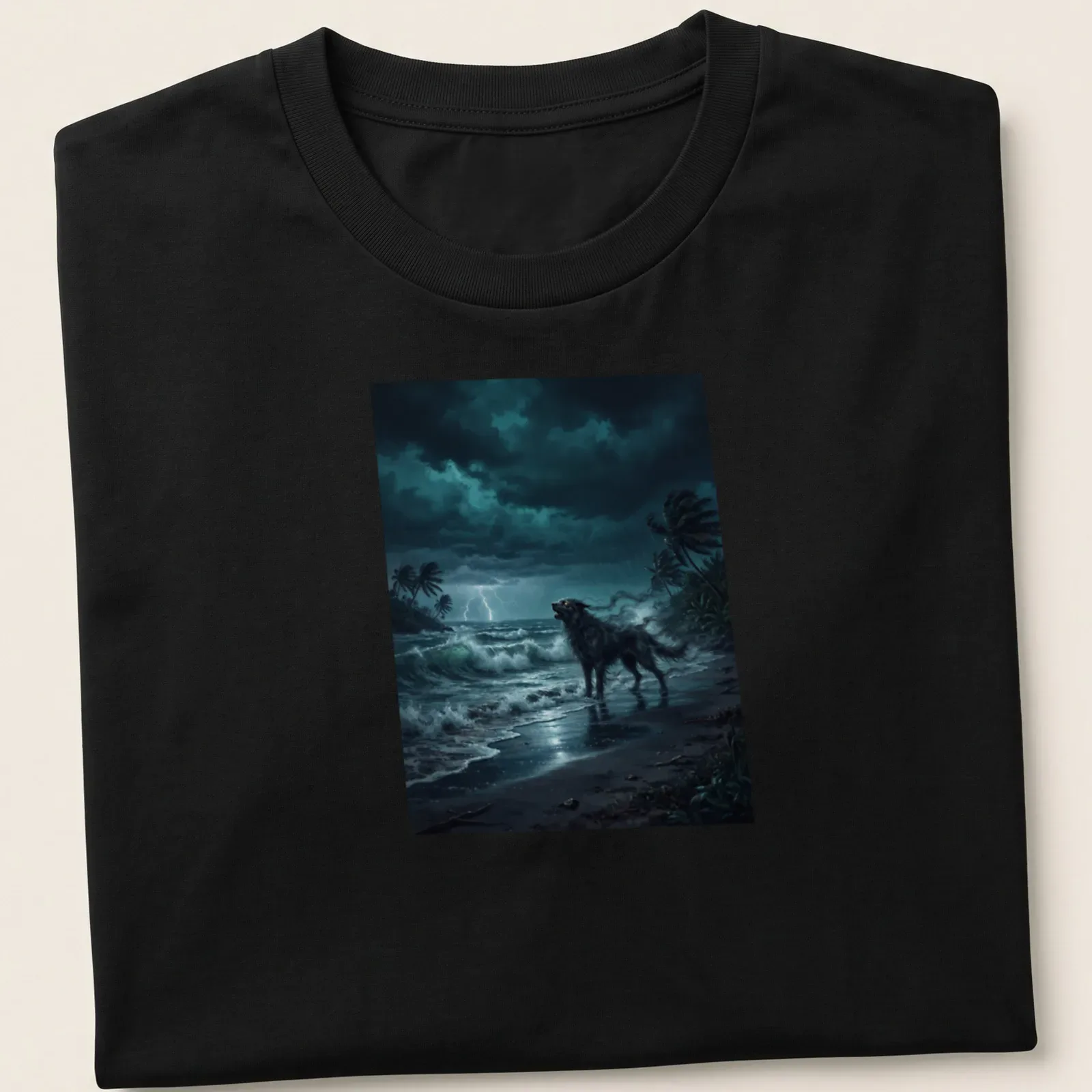 Realistic print of a howling wolf on a stormy beach with dramatic colors — printed on a unisex t-shirt