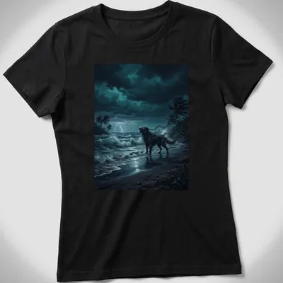 Realistic print of a howling wolf on a stormy beach with dramatic colors — printed on a women's shirt
