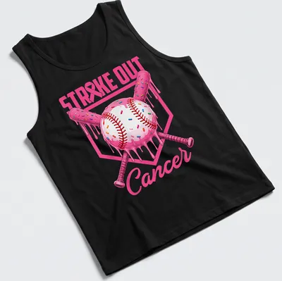 Colorful cartoon baseball with ice cream drip and sprinkles above text STRIKE OUT Cancer — printed on a tank top