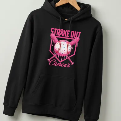 Colorful cartoon baseball with ice cream drip and sprinkles above text STRIKE OUT Cancer — printed on a unisex hoodie