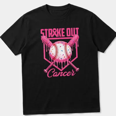 Colorful cartoon baseball with ice cream drip and sprinkles above text STRIKE OUT Cancer
