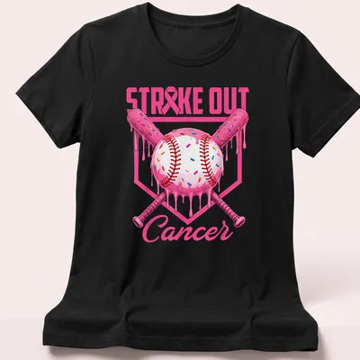 Colorful cartoon baseball with ice cream drip and sprinkles above text STRIKE OUT Cancer — printed on a women's shirt