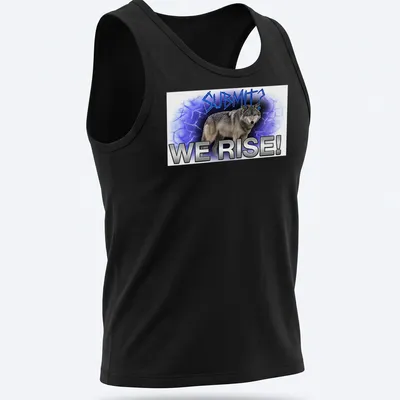 Motivational T-shirt featuring a wolf and the phrase 'Submit? We Rise!' in edgy style — printed on a tank top