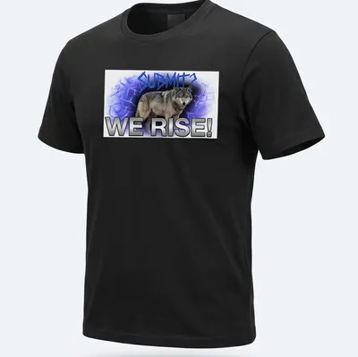 Motivational T-shirt featuring a wolf and the phrase 'Submit? We Rise!' in edgy style — printed on a unisex t-shirt