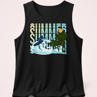Vector art of a surfer riding a wave with palm trees, featuring SUMMER text — printed on a tank top
