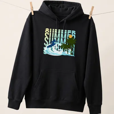 Vector art of a surfer riding a wave with palm trees, featuring SUMMER text — printed on a unisex hoodie