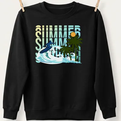 Vector art of a surfer riding a wave with palm trees, featuring SUMMER text — printed on a unisex sweatshirt