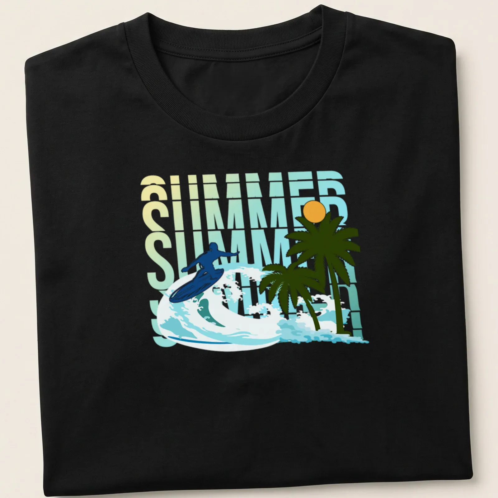 Vector art of a surfer riding a wave with palm trees, featuring SUMMER text — printed on a unisex t-shirt