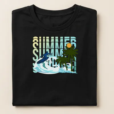Vector art of a surfer riding a wave with palm trees, featuring SUMMER text — printed on a women's shirt