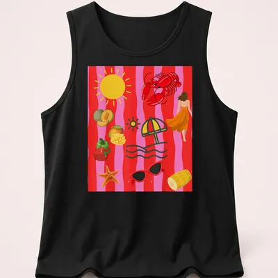 Playful lobster wearing sunglasses under a sun with an umbrella, illustrated in vibrant colors — printed on a tank top
