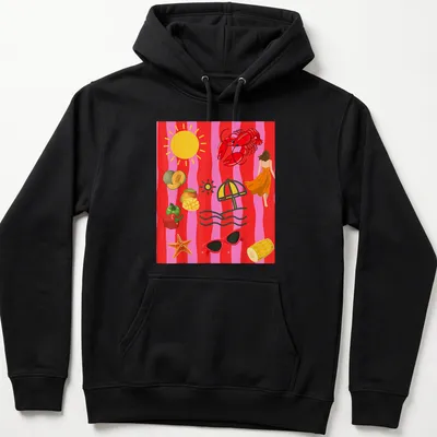 Playful lobster wearing sunglasses under a sun with an umbrella, illustrated in vibrant colors — printed on a unisex hoodie