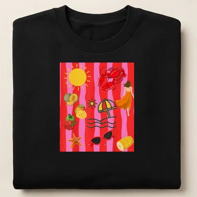 Playful lobster wearing sunglasses under a sun with an umbrella, illustrated in vibrant colors — printed on a unisex sweatshirt