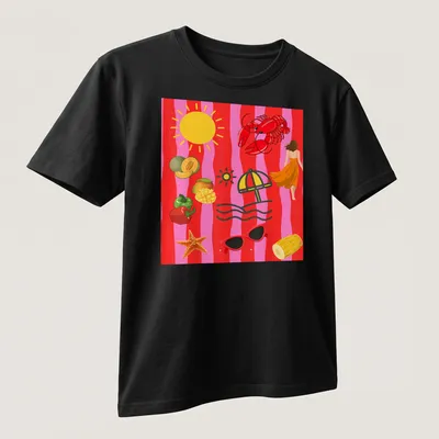 Playful lobster wearing sunglasses under a sun with an umbrella, illustrated in vibrant colors — printed on a unisex t-shirt (angled view)