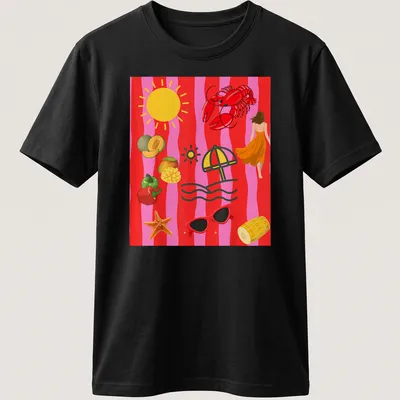Playful lobster wearing sunglasses under a sun with an umbrella, illustrated in vibrant colors