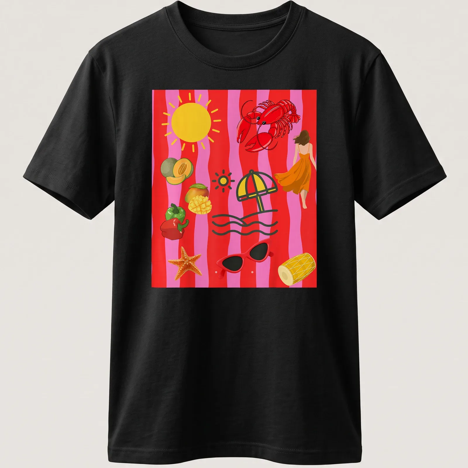 Playful lobster wearing sunglasses under a sun with an umbrella, illustrated in vibrant colors — printed on a unisex t-shirt