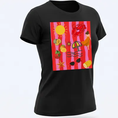 Playful lobster wearing sunglasses under a sun with an umbrella, illustrated in vibrant colors — printed on a women's shirt