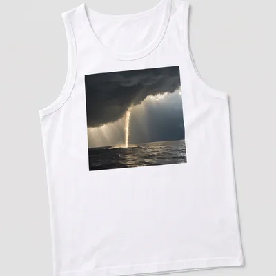 Dramatic photography of a golden waterspout against dark gray and blue skies — printed on a tank top