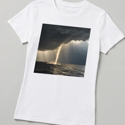 Dramatic photography of a golden waterspout against dark gray and blue skies — printed on a women's shirt
