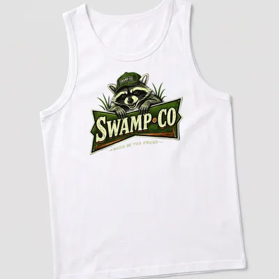 Vintage-style t-shirt featuring a raccoon and the text 'SWAMP·CO BORN IN THE SWAMP'. — printed on a tank top