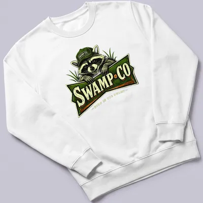 Vintage-style t-shirt featuring a raccoon and the text 'SWAMP·CO BORN IN THE SWAMP'. — printed on a unisex sweatshirt