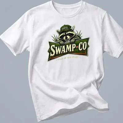 Vintage-style t-shirt featuring a raccoon and the text 'SWAMP·CO BORN IN THE SWAMP'.