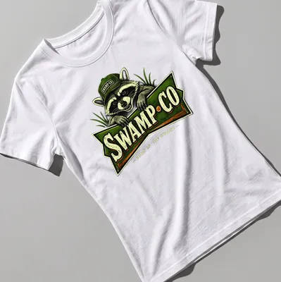 Vintage-style t-shirt featuring a raccoon and the text 'SWAMP·CO BORN IN THE SWAMP'. — printed on a women's shirt