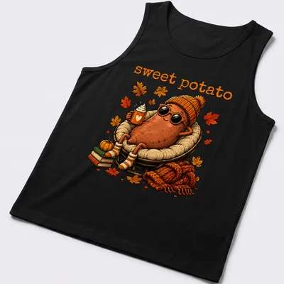 Kawaii illustration of a sweet potato character with a happy smile and warm colors — printed on a tank top