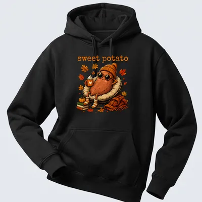 Kawaii illustration of a sweet potato character with a happy smile and warm colors — printed on a unisex hoodie